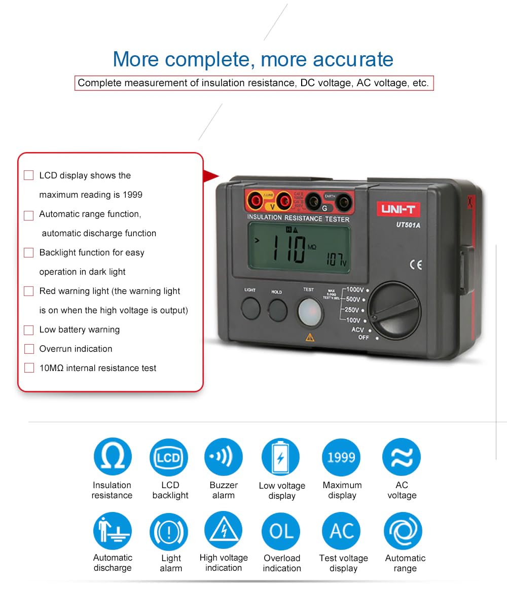 UNI-T Uni-Trend Ground Resistance Meter UT501A UT501B UT502A Insulation Earth Ground Resistance Meter Megger Auto Range Ohm Tester Megohmmeter Voltmeter(UT502A)
