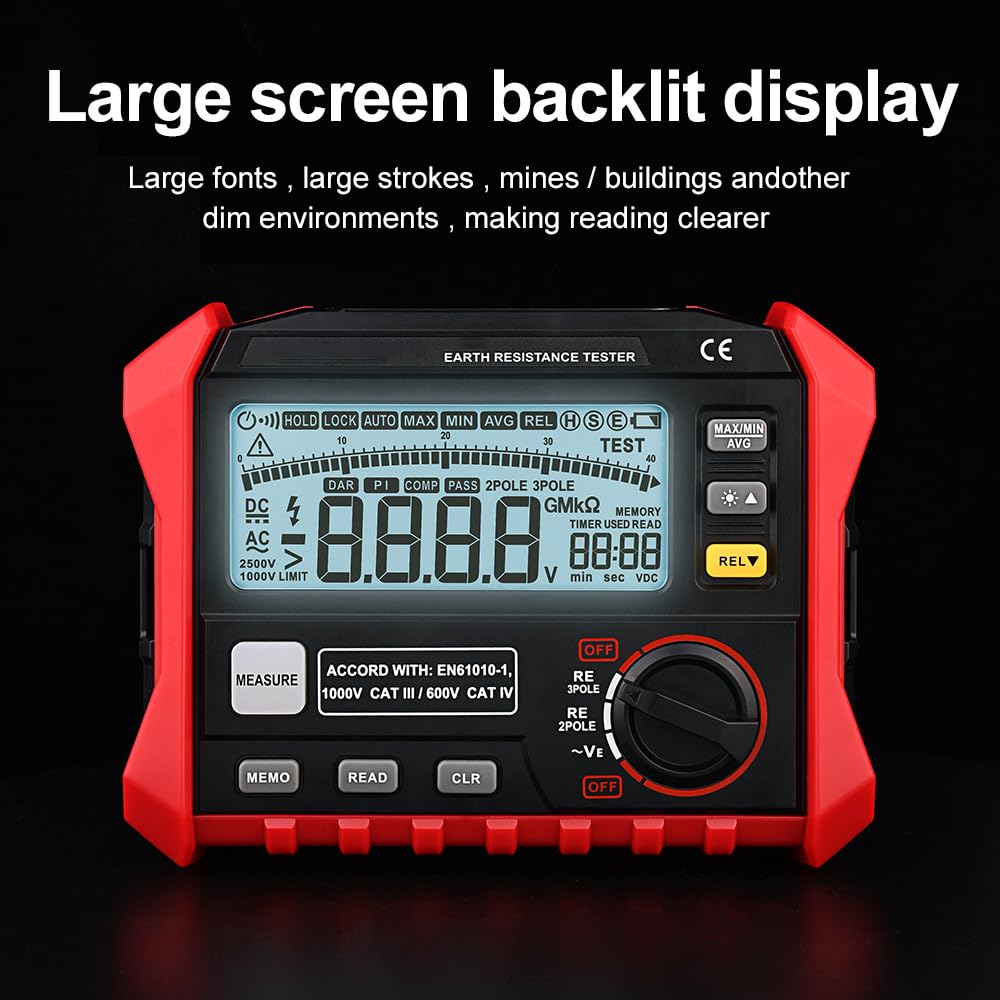 Insulation Resistance Multi Tester, Electrical Megger Insulation Resistance Tester, with Data Storage, Large Screen Backlit Display, Auto Shutdown Function, for Testing Industry
