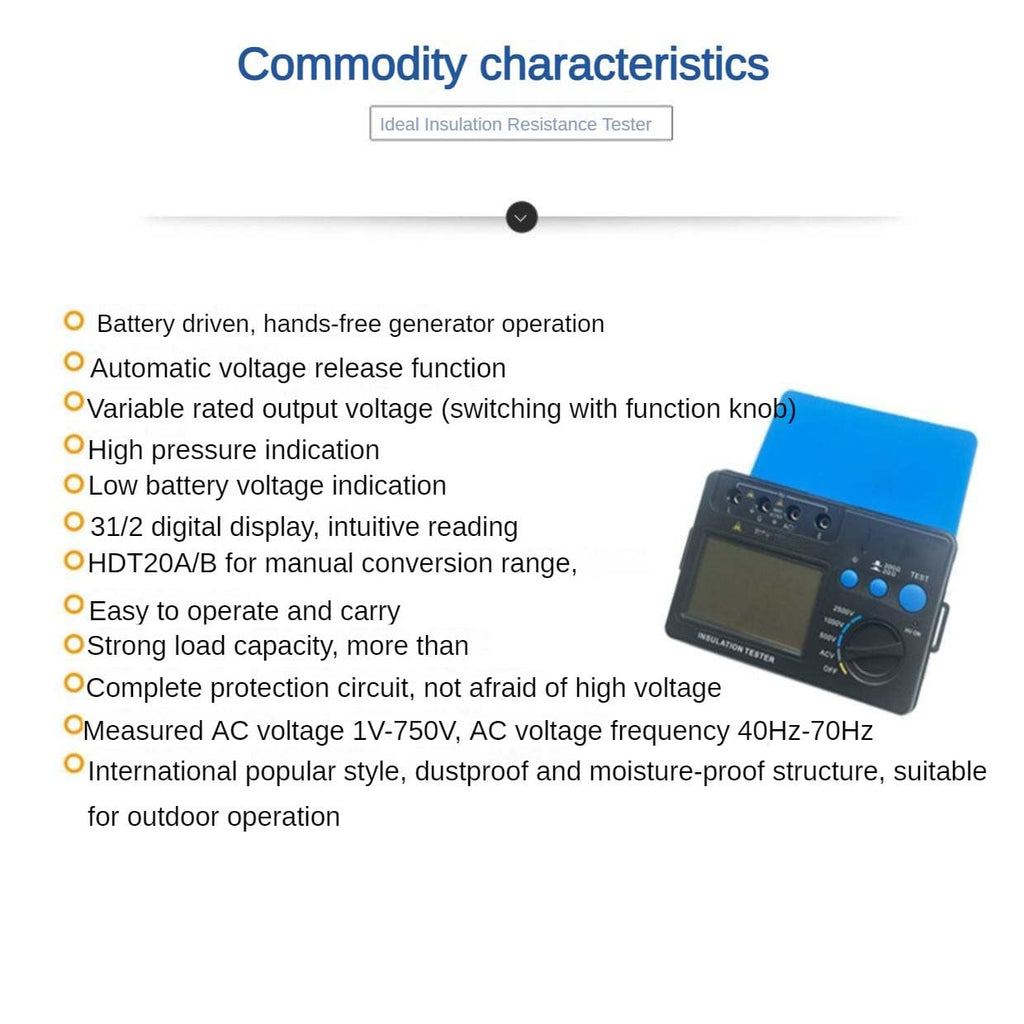 Insulation Resistance Tester, Automatic Voltage Discharge High-Precision Digital Display Digital Insulation Resistance Meter, Suitable for Outdoor and Industrial Use