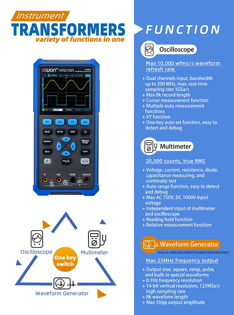 Owon HDS2102S Digital Oscilloscope +Waveform Generator +Multimeter USB 2 Channels 100mhz Osciloscopio Tester Meter