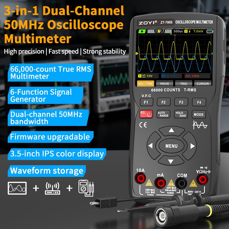 ZT-706S 3-in-1 Oscilloscope Multimeter, 50MHz Bandwidth, 66000-Count Display, 10M Signal Generator, Electrician Repair(ZT-706S)