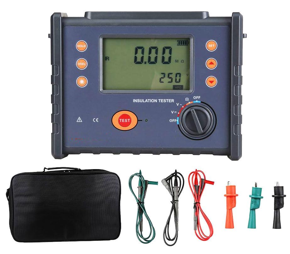 Handheld Insulation Resistance Tester Meter Megohmmeter with Insulation Resistance 0.01MΩ-200GΩ Resolution 0.01MΩ Rated Voltage 100V 250V 500V 1000V 2500V 500 Groups Data Storage