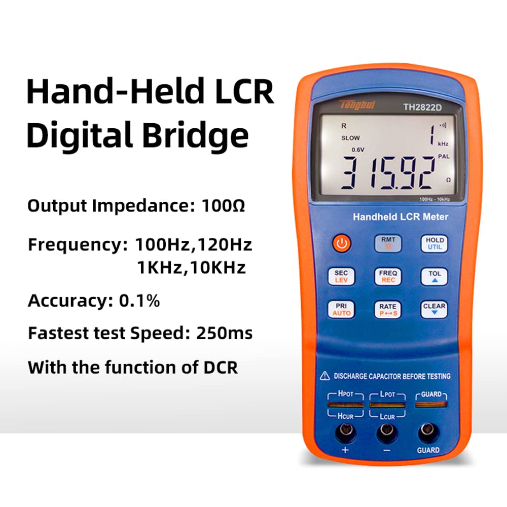 Tonghui TH2822D Handheld LCR Meter Accuracy 0.1% Inductance Resistance Capacitor Tester, 100Hz, 120Hz, 1kHz, 10kHz Testing Frequency, with DCR Function