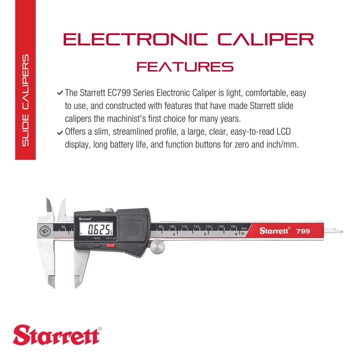 Starrett Stainless Steel Electronic Slide Caliper, 0-6" Range, .0005" Res