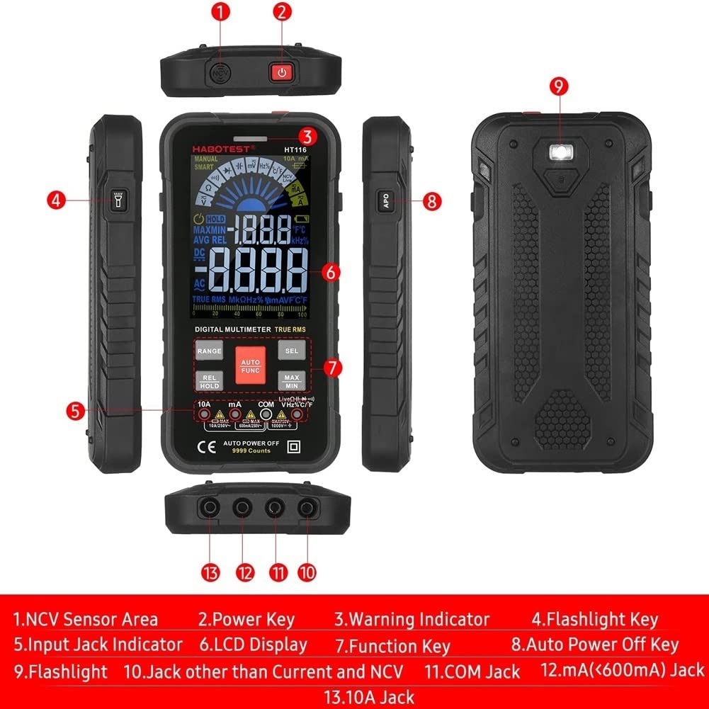 Multimeter, Auto-Ranging Digital Multimeter, Electrical Tester with NCV, True RMS 9999 Counts AC/DC Voltmeter Ammeter Ohmmeter, Resistance, Live Line Digital Testers with LCD Backlight