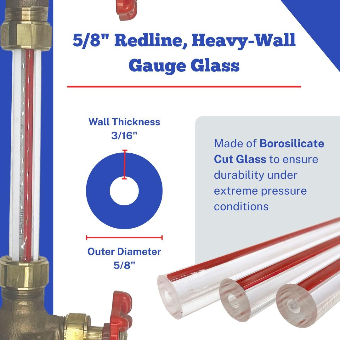 Redline Heavy Wall Gauge Glass 5/8" OD | Red Line Tubular Gauge Glass Wall Thickness 3/16" (48" Inches)