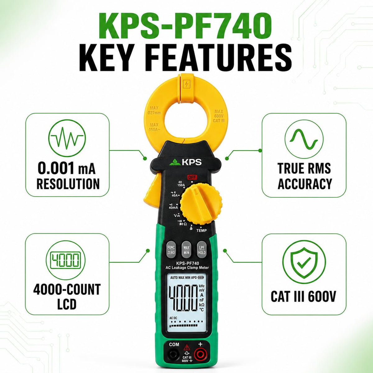 KPS PF740 True RMS Leakage Clamp Meter, 0.001mA Resolution, CAT III