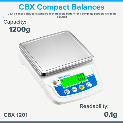 Adam Equipment - Digital Scales CBX Compact Balances - Capacity: 1200g, Readability: 0.1g Model: CBX 1201