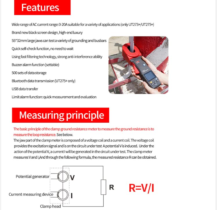 UNI-T Clamp Ground Resistance Tester UT273+ UT275 UT276A+ UT278A+ UT278C UT278D Auto Range Lightning Protection Loop Resistance Earth Clamp Meter(UT278A+)