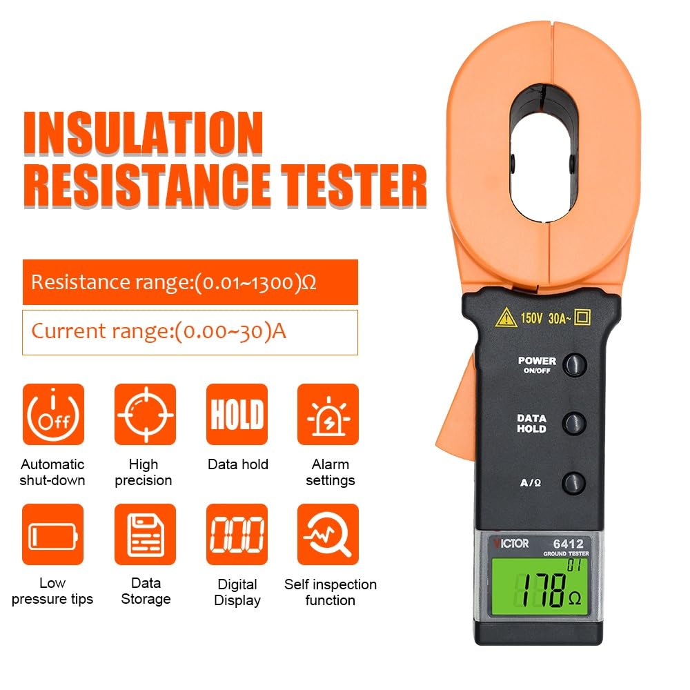 VICTOR Ohm Meters 6412 6412+ 6V 30A 32mm DC Clamp Type Digital Earth Resistance Ground Tester Industrial and Electrical Equipment Meter(VICTOR 6412+)