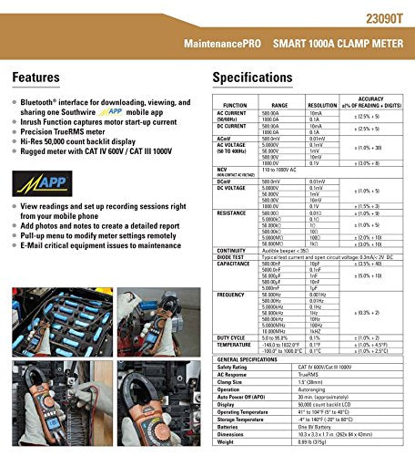 Southwire Clamp Meter 1000A AC/DC BT - Bluetooth App Integration for Viewing & Sharing - True RMS Accuracy, Inrush Current Capture - CAT IV Safety