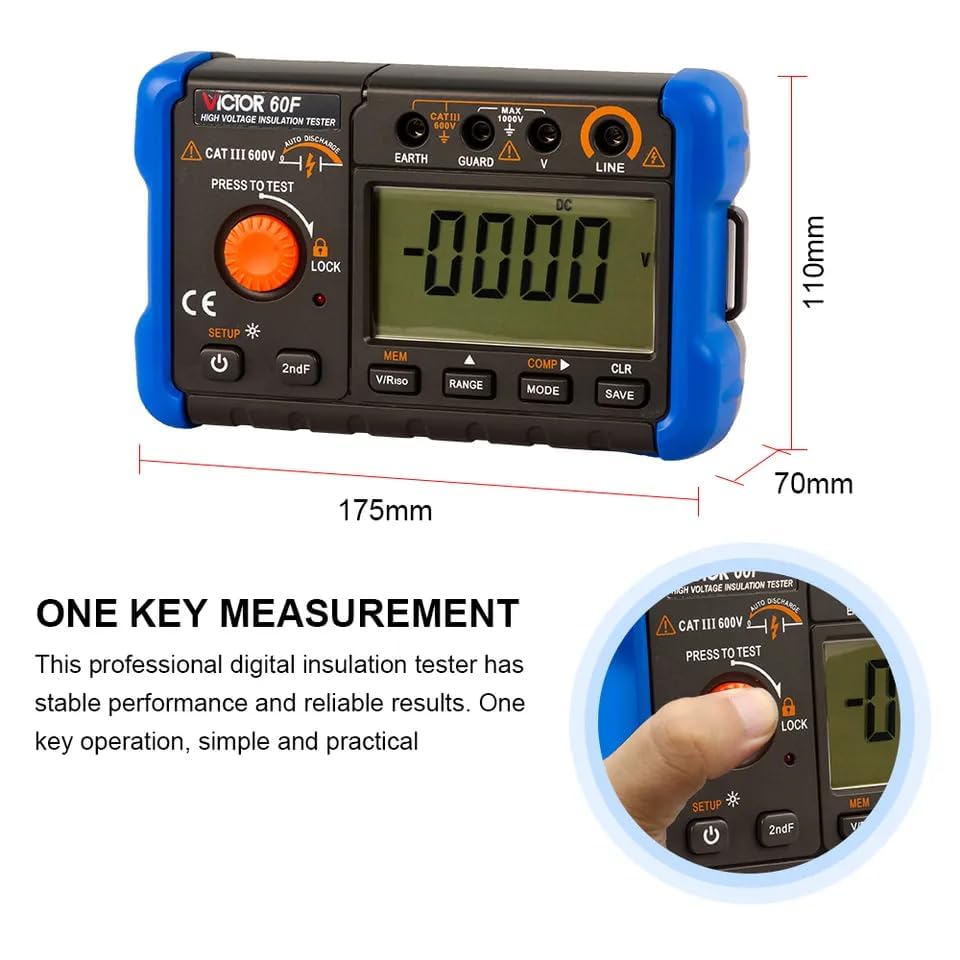 Victor/RuoShui Ohm Meters 60H/60F/60G Digital Insulation Resistance Meter 100V 250V 500V 1000V 1.3 mA Short Circuit Test AC DC Teste(Victor 60G)