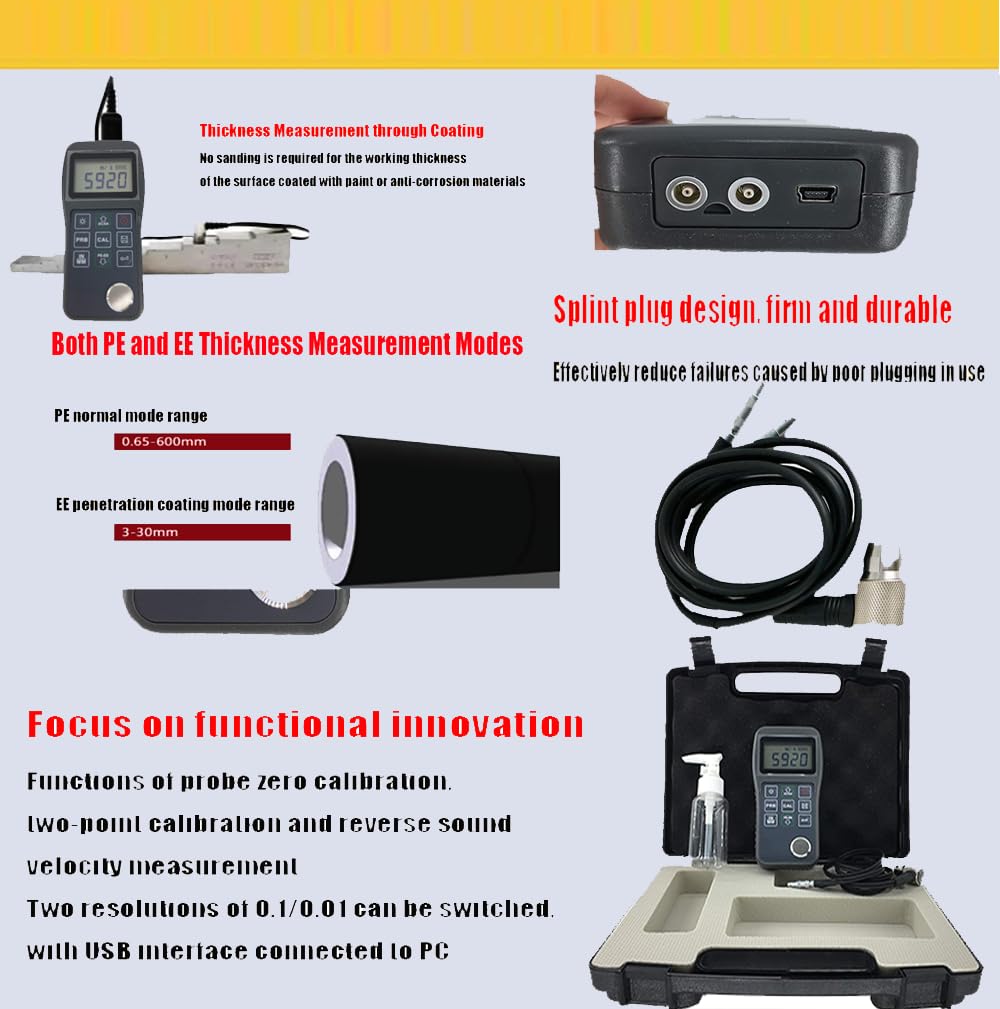 Ultrasonic Thickness Gauge Meter Through Paint Coatings Thickness Gauges with 0.65 to 600mm 0.025 to 23.62inch 3-30mm 0.118 to 1.181inch P-E and E-E Echo-Echo Mode for Steel Aluminum Copper