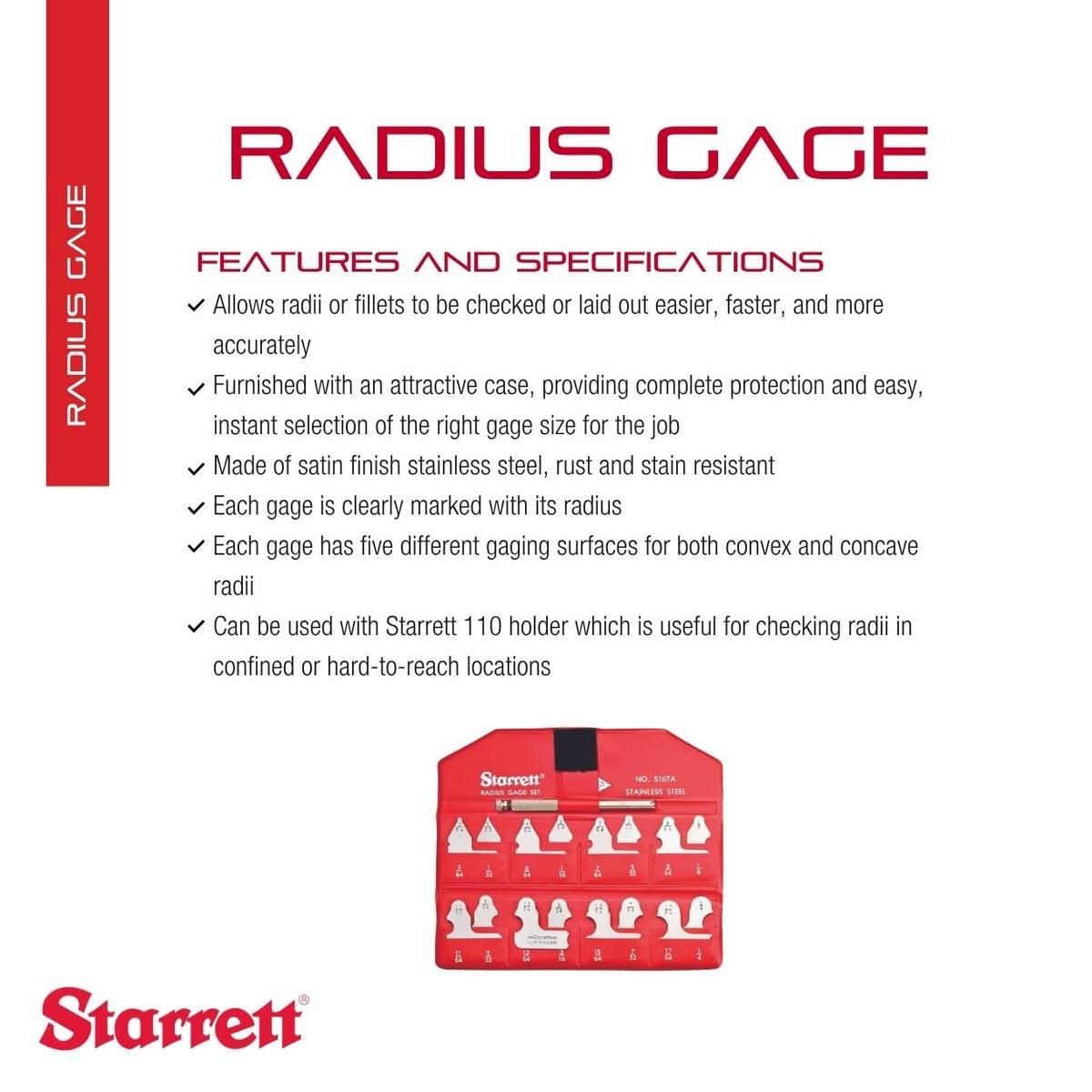 Starrett Radius Gage Set, 1/64-17/64" Range