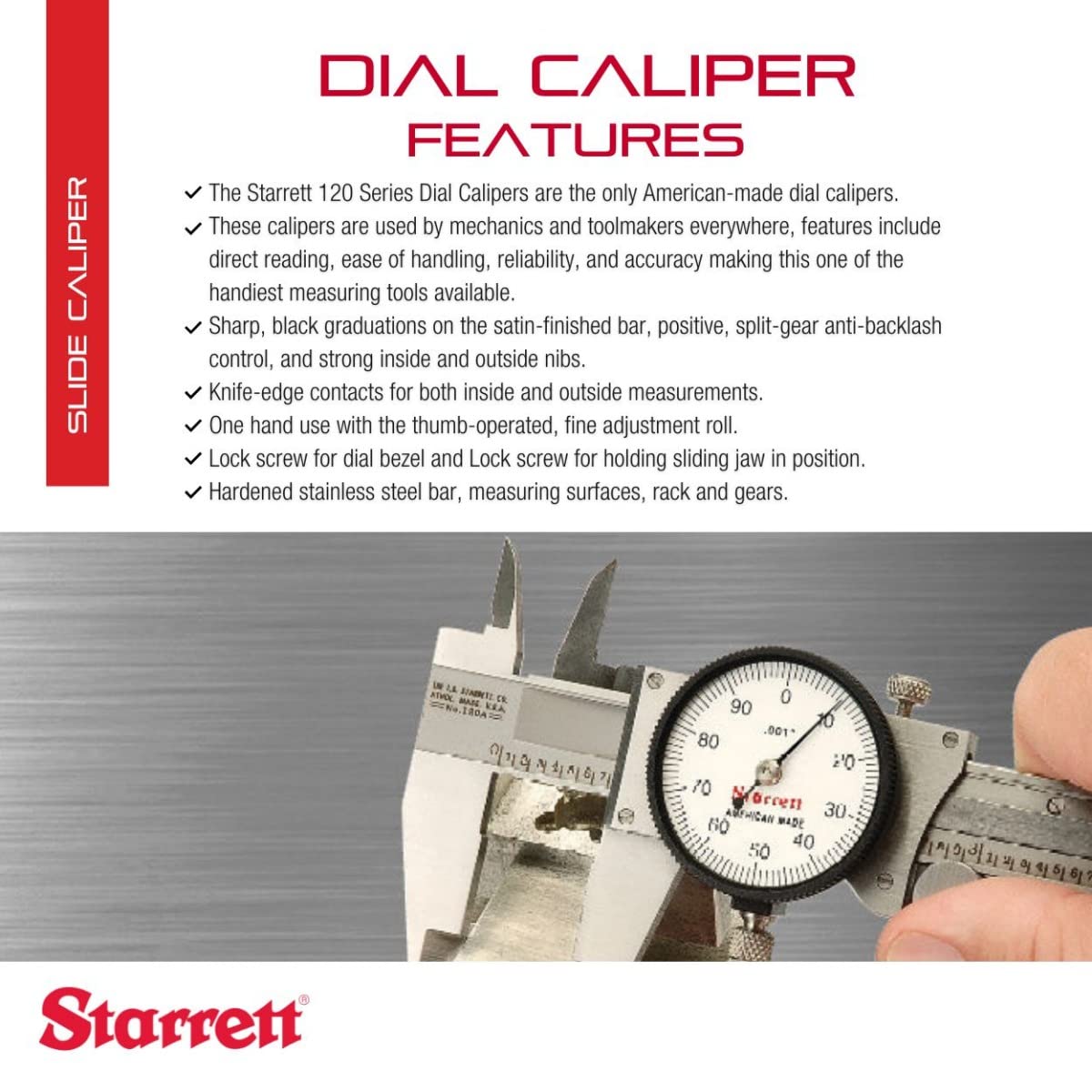 Starrett 120 Series Dial Slide Calipers, 0-12" Range, .001" Graduation