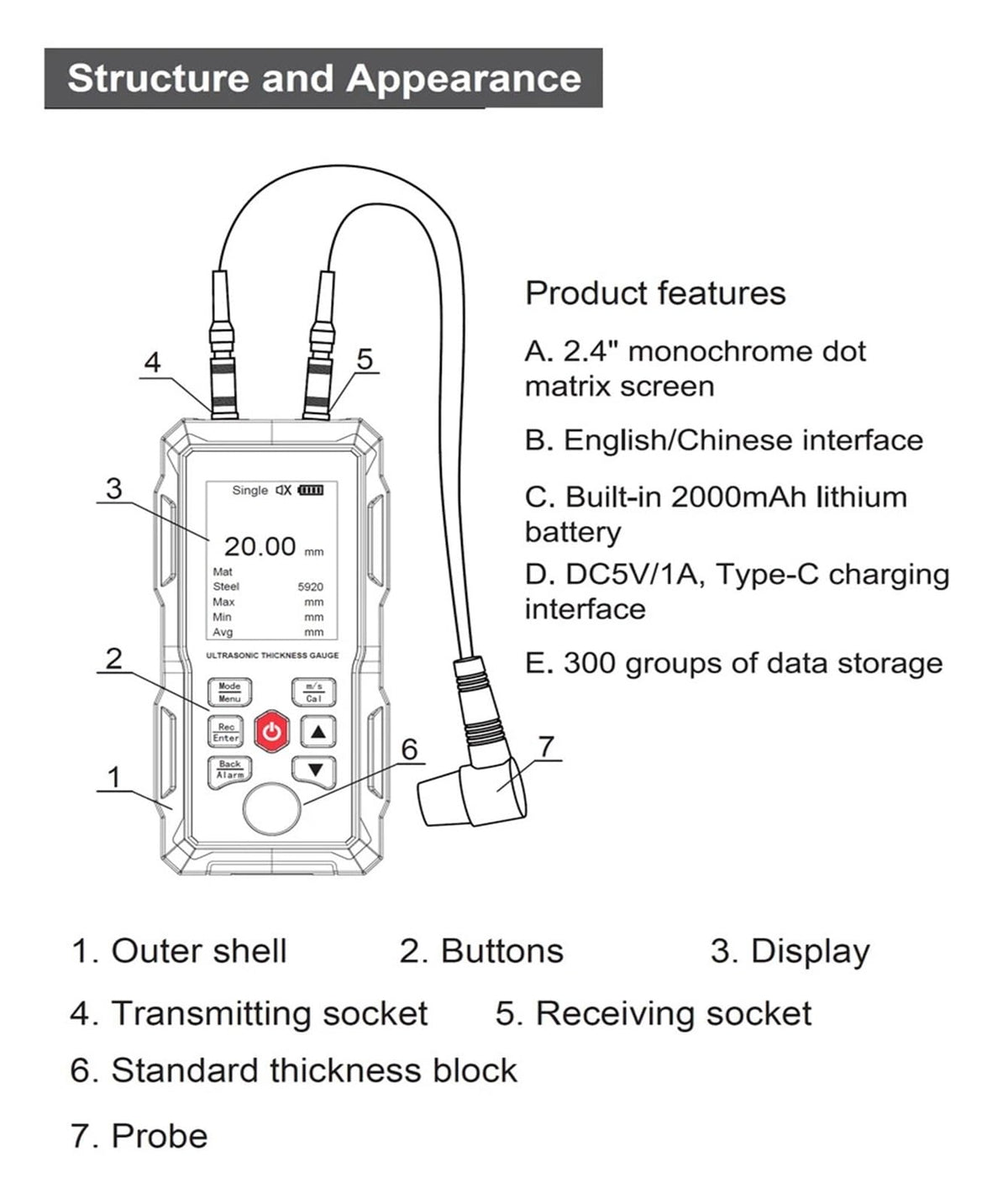 Thickness Gauge, High Accuracy Ultrasonic Thickness Gauge UT345A Multiple Material Measurement