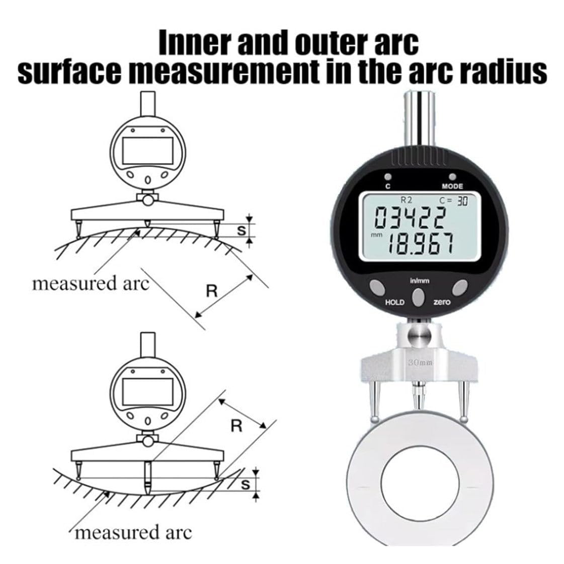 Radius Measurement Tool, Digital Radius Gauge, with 5 Measuring Jaw, Measuring Radius 0.2"-27.5" (5mm-700mm), for Mechanical Parts, Wooden Molds