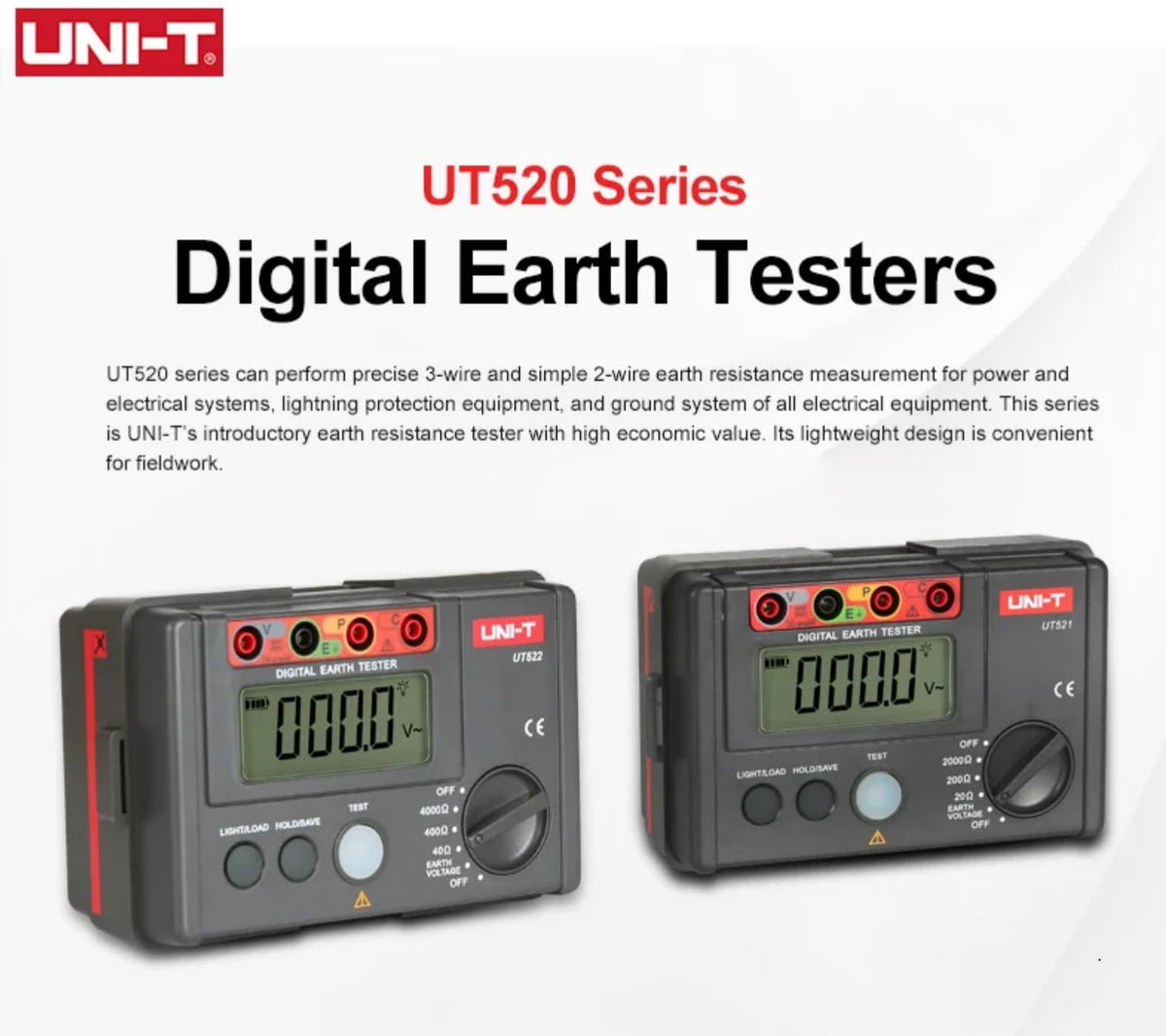 UNI-T UT522 UT520 Series Digital Earth Tester, 0O-4000O Earth Resistance Tester