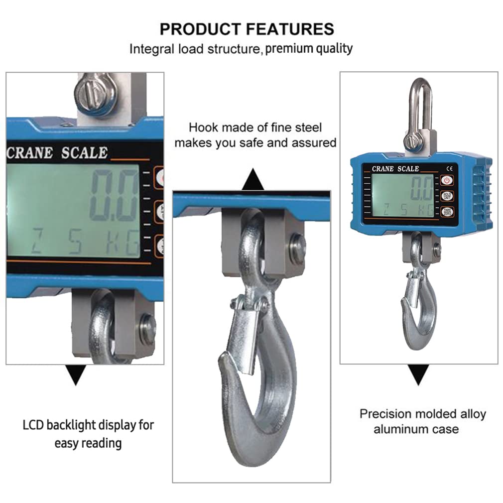 WANGLIN Digital Hanging Scale 1000kg/ 2204lbs Heavy Duty Crane Scale LCD Backlight Industrial Hook Scales Weight Balance Tool, Portable Electronic Weighing Crane Scale,