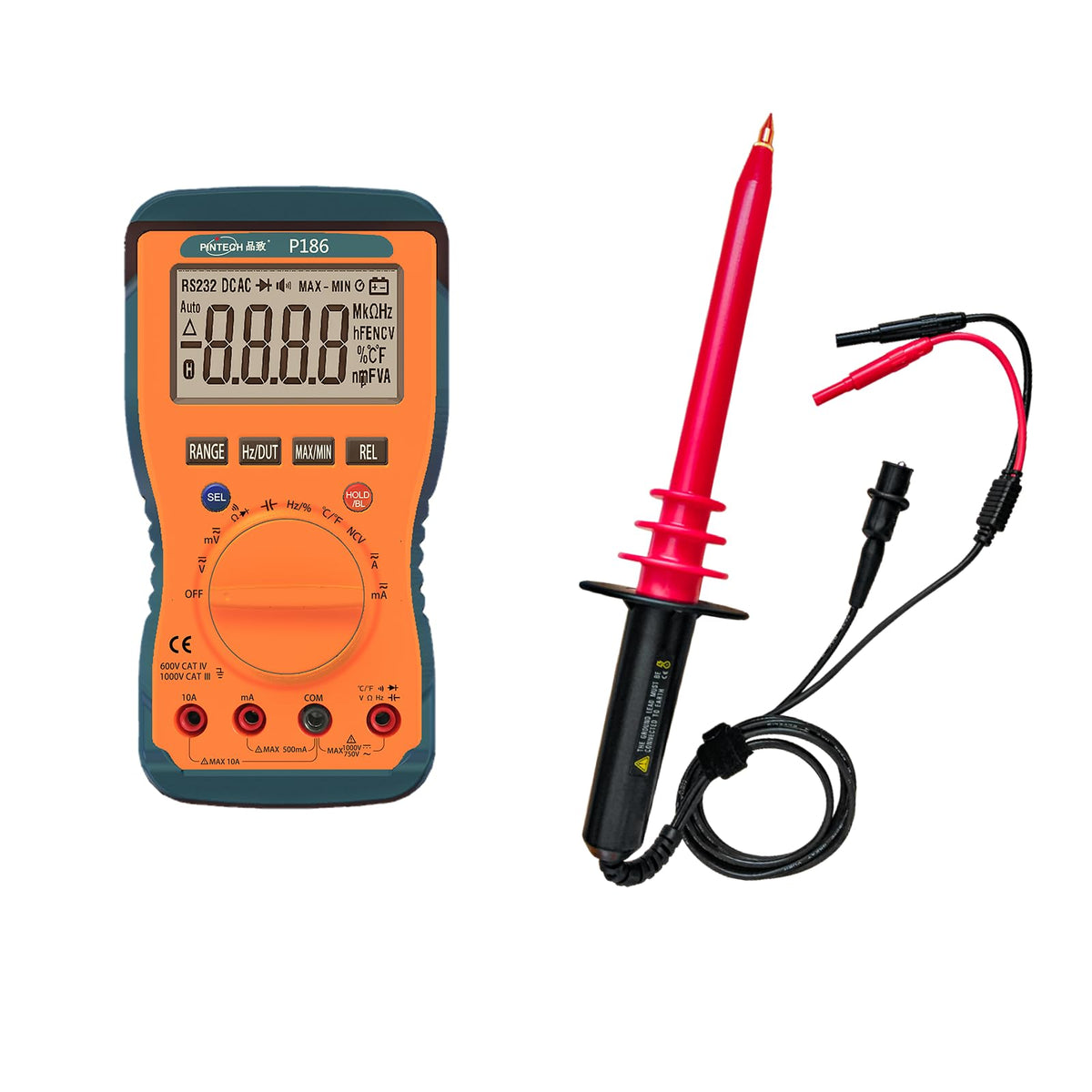 PINTECH HVP-40 High Voltage Probe for Multimeter with P186 Digital Multimeter 1000V, 10A, 60MΩ, Auto-Ranging Tester, Non-Contact Voltage Function, Measures AC/DC Voltage, Resistance