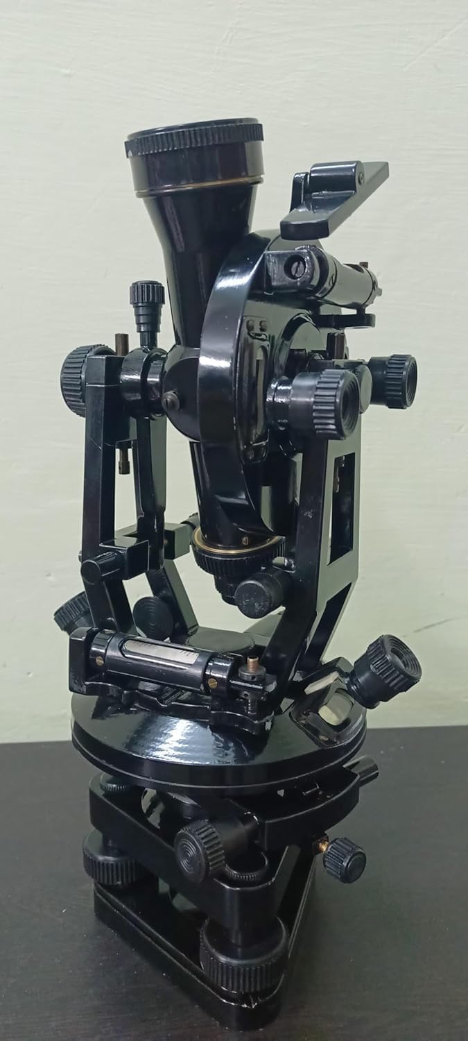Transit Theodolite with Vernier Scale, Optical Survey Instrument for Horizontal & Vertical Angle Measurement, Metal Construction with Wooden Storage Case (Black, Without Box)