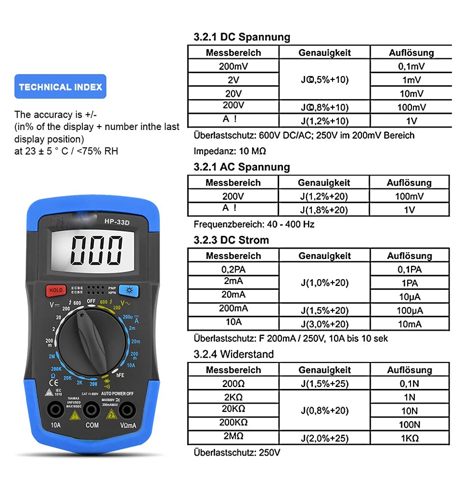 Professional Smart Manual Multimeter AC Voltage Current Resistance Diode Battery Test Data Hold