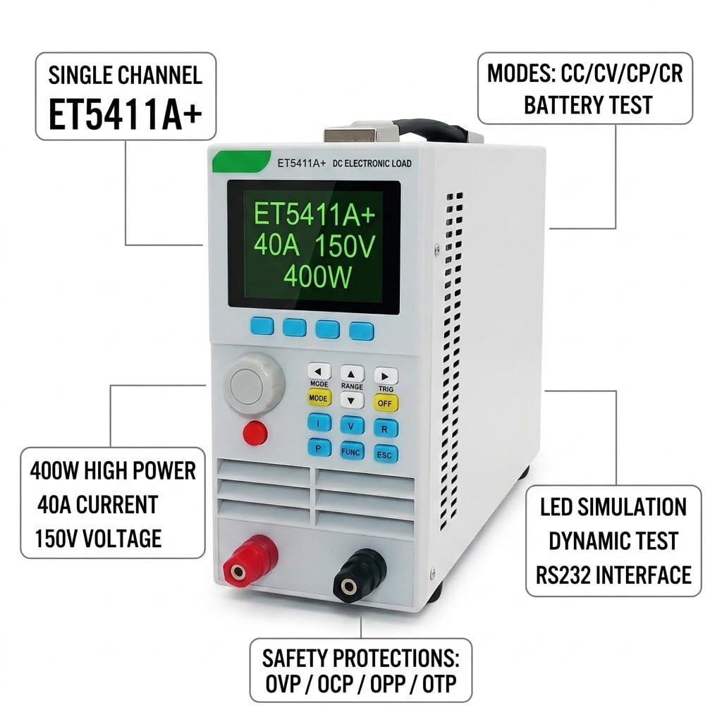 Programmable DC Electronic Load Tester 400W, 0-500V/0-15A for Battery Capacity Discharge Test with USB Interface & LED Testing, Over-Voltage/Current Protection, LCD Display,ET5411A+(Gray)