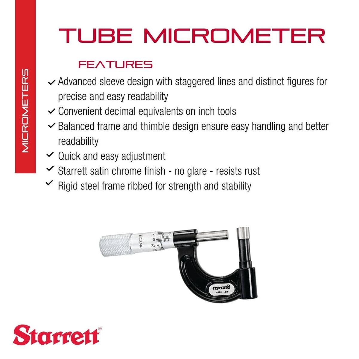 Starrett Tube Micrometer, 0-1" Range, .001" Graduation
