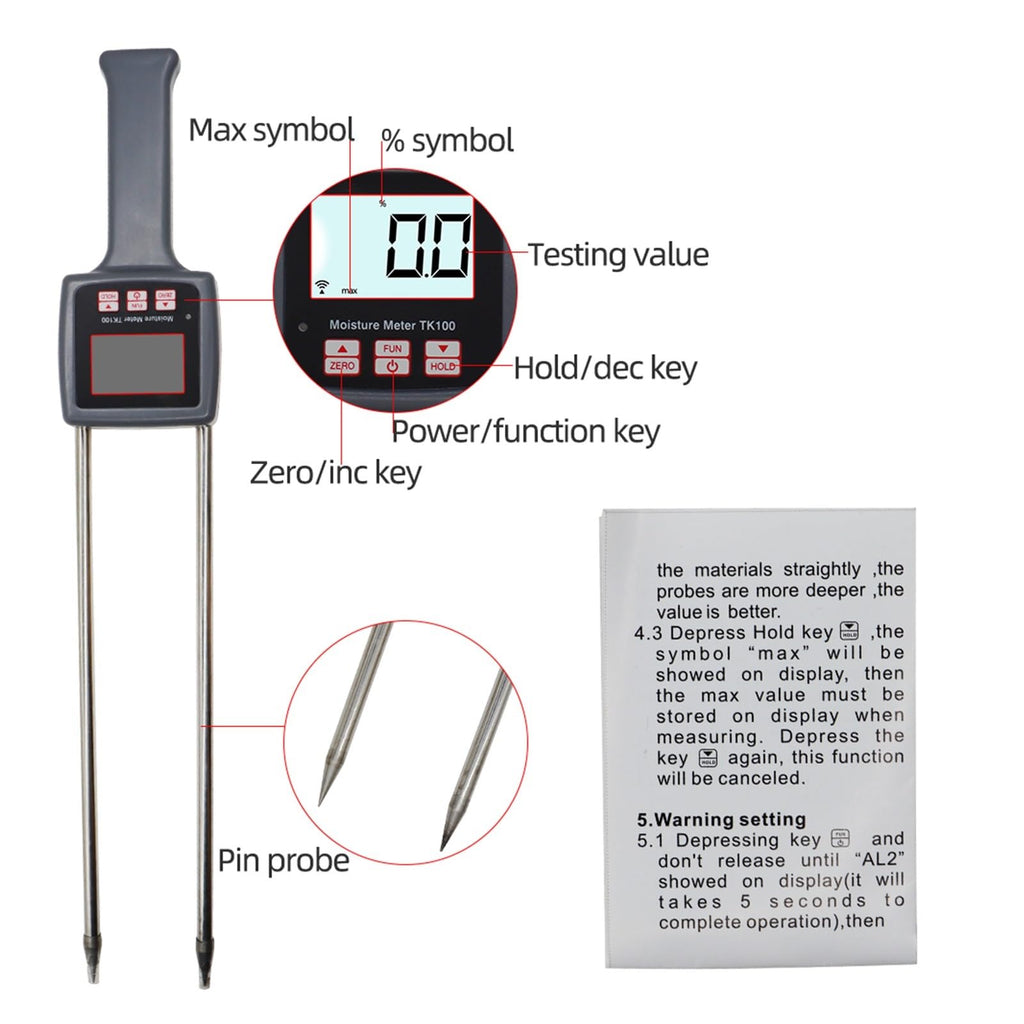 Moisture Meter TK100 Digital Grain Corn Rice Soybean Peanut Sorghum Soil Humidity Hygrometer Tester with Measuring Prob
