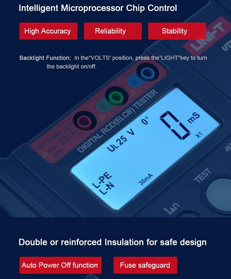 UNI-T UT582+ Digital RCD (ELCB) Tester AUTO RAMP Leakage Circuit Breaker Meter with Mis-Operation Buzzer