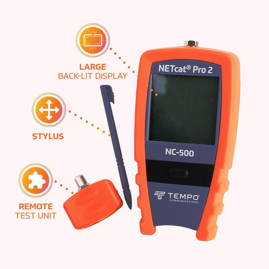 TEMPO NC-500 Digital Cable Tester for Voice, Data, Video, Coax, Etherne, Step TDR Wiring Troubleshooter, POE CAT5 CAT5e CAT6 Coax STP UTP (Professional Grade)