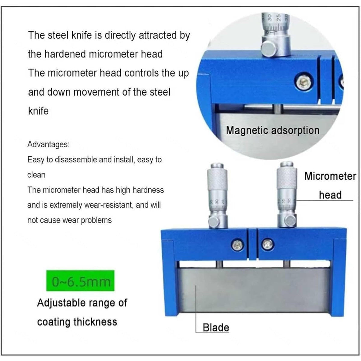 Wet Film Preparation Device, Adjustable Film Coating Applicator, Coating Thickness Range 0~6.5mm, with Micrometer, Film Casting Doctor Blade(60mm)