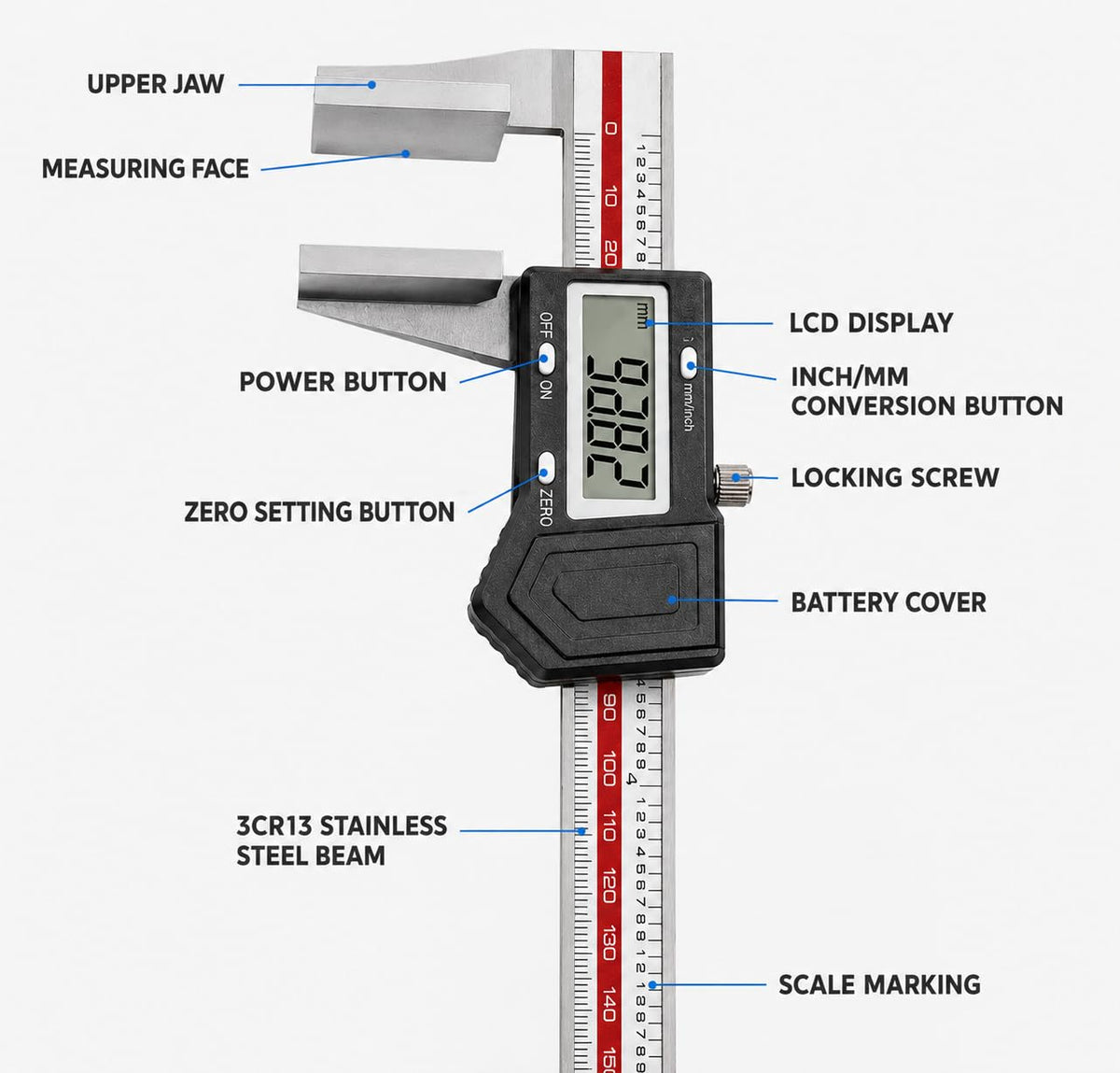 Wire Rope Caliper with Large Flat Faces, Wide Jaw Stainless Steel Measuring Tool, 0.01mm Resolution(50 × 50mm，0-150mm)
