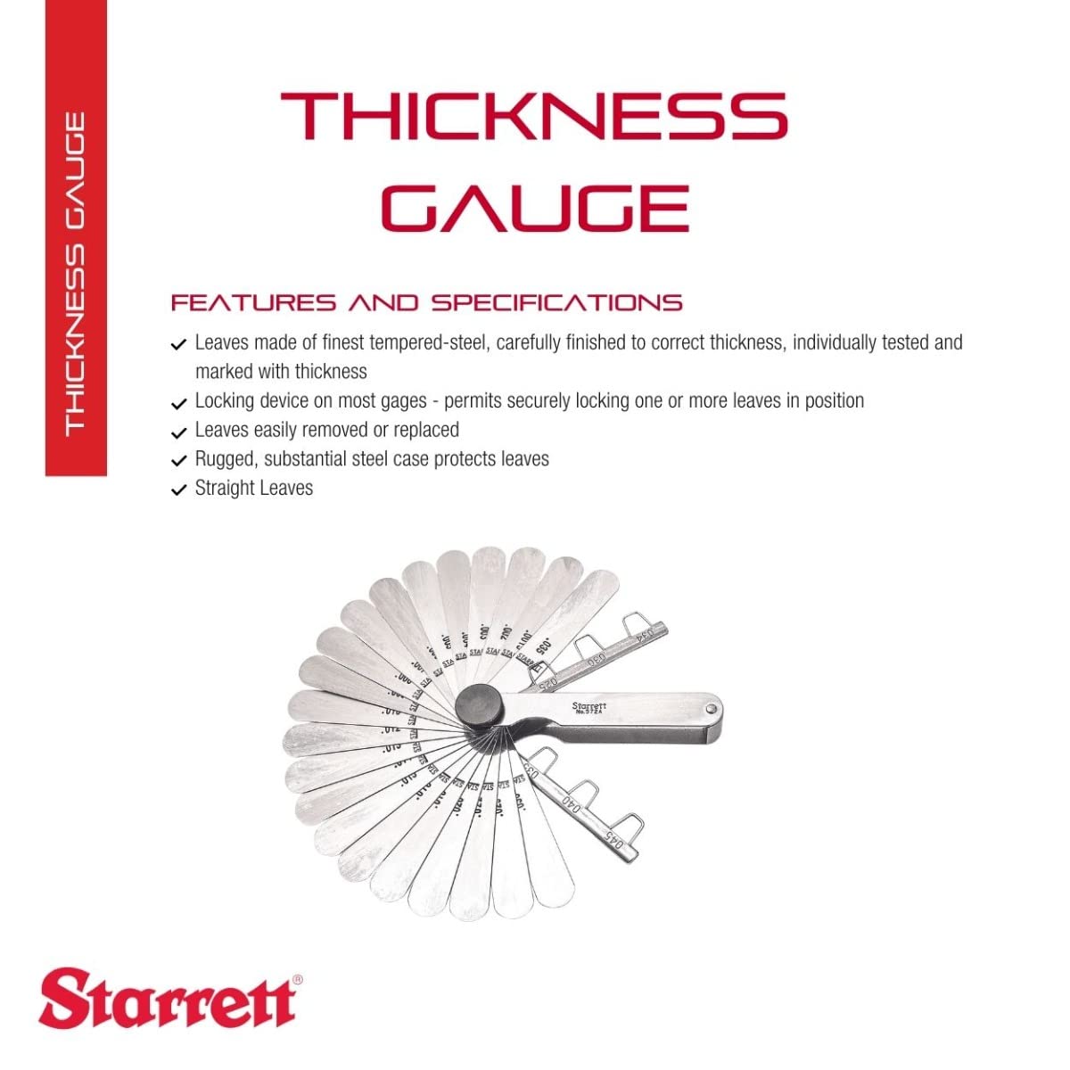 Starrett Tempered Steel Thickness Gage, 22 Leaves, 1/2"x3-1/32" Size
