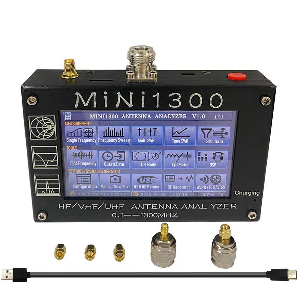 Mini1300 Antenna Analyzer 0.1-1300MHz Vector Network Analyzer with 4.3" Touchscreen SWR/Impedance/Return Loss Test TDR & L/C Meter SMA Calibration Kit Aluminum Alloy Shell