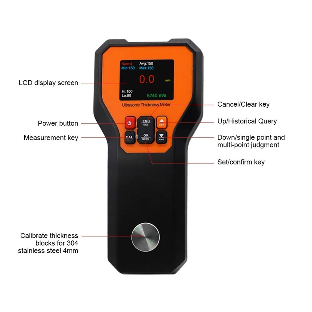 Thickness Gauge, Intelligent Ultrasonic Thickness Gauge 5MHz 1.2-300mm Metal/Steel Measurement HighAccuracy Non-Destructive Testing Meter