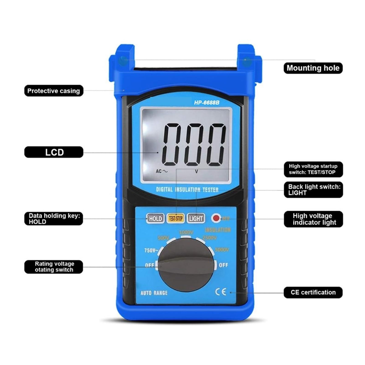 Resistance Tester, 6688B Digital Insulation Resistance Tester Professional Voltage Measure Instrument Auto Range Portable Tester