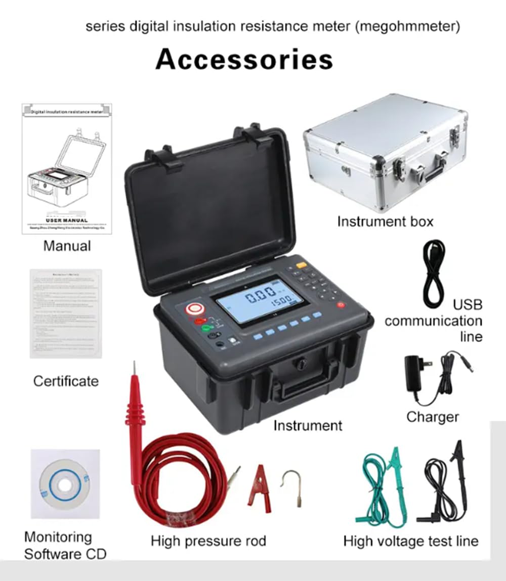 High Voltage Insulation Tester 5kv Insulation Resistance Tester with Rated Voltage 100V 250V 500V 1000V 2500V 5000V Range 0.01MΩ-10TΩ Resolution 0.01MΩ for Motors Cables Electrical Equipment