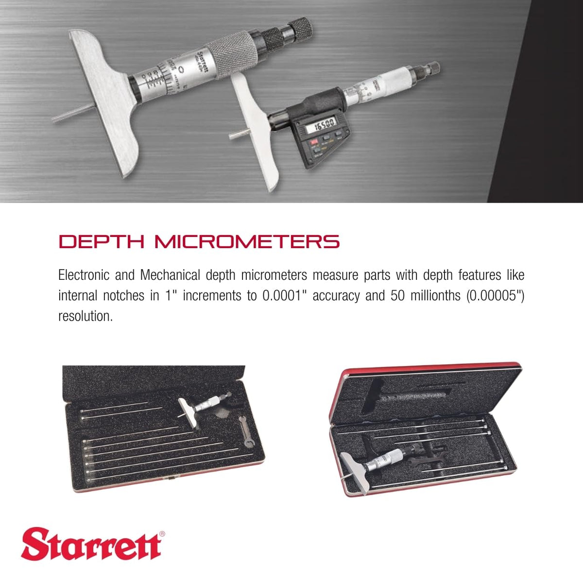 Starrett Depth Micrometer, 0-75mm Range, .01mm Grad, 63.5mm Length - 3 Rods