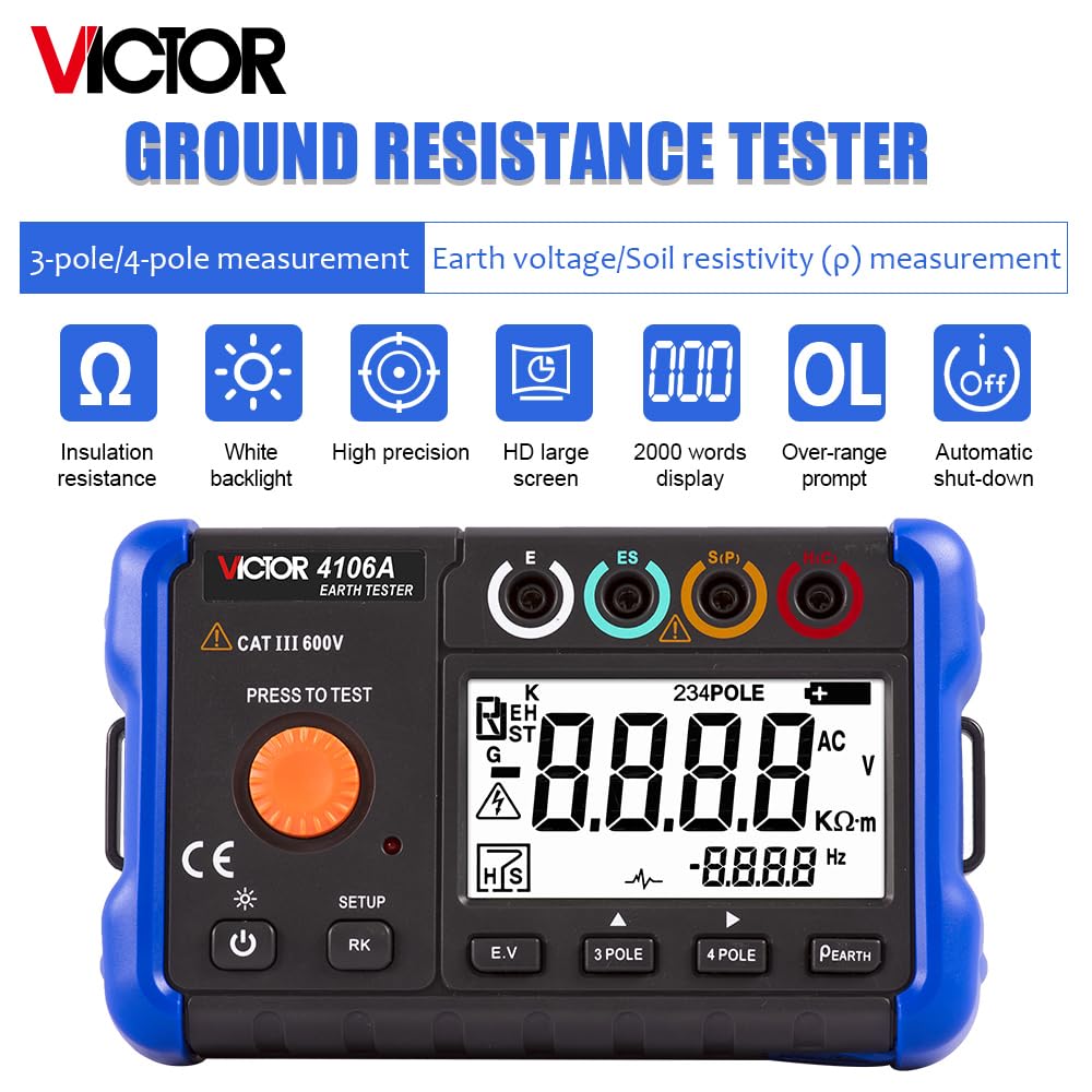 Victor/RuoShui 4106A Digital Ground Earth Resistance Meter 20/200/2000Ω, Earth Resistance Measurement, Soil Resistivity, True RMS AC Voltage Measure Backlight LCD Display (Victor 4106A)
