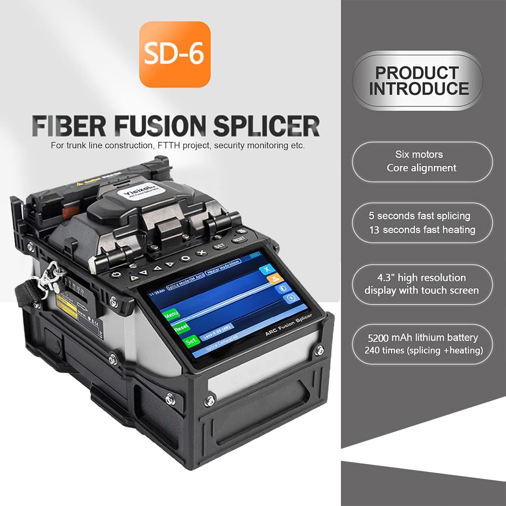 New Mode SD-6 Optical Fiber ARC Fusion Splicer with 4.3 inches Touch & Button LCD Screen 5 Seconds Splicing 13Seconds Heating Fusion Splicer Machine FTTH Kits (YC-DS-6-Blue)