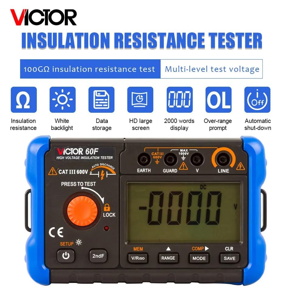 Victor/RuoShui Ohm Meters 60H/60F/60G Digital Insulation Resistance Meter 100V 250V 500V 1000V 1.3 mA Short Circuit Test AC DC Teste(Victor 60G)