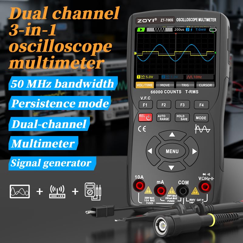 ZT-706S 3-in-1 Oscilloscope Multimeter, 50MHz Bandwidth, 66000-Count Display, 10M Signal Generator, Electrician Repair(ZT-706S+Probe)