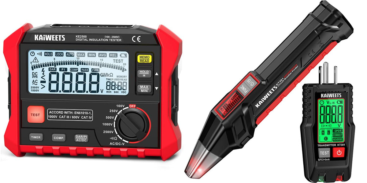 KAIWEETS KE2500 Insulation Resistance Tester Up to 200GΩ Pro Megohmmeter and KAIWEETS KT301P Circuit Breaker Finder with LCD Display GFCI Outlet Tester Electrical Circuit Tracer Tool