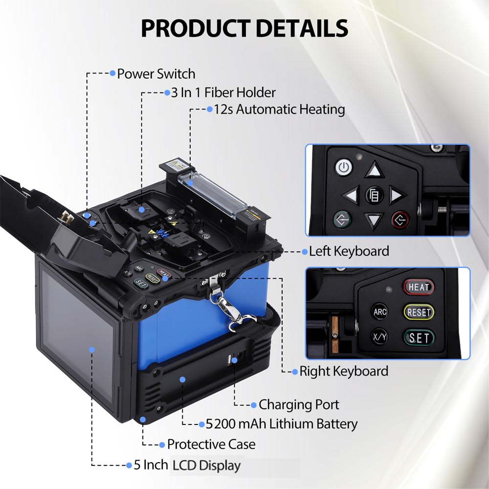 Fiber Fusion Splicer FL-118, Automatic FTTH Fiber Splicer Machine with 6 Motors Core Alignment, 7s Splicing & 12s Heating, Average Loss 0.01db, 5" LCD Screen