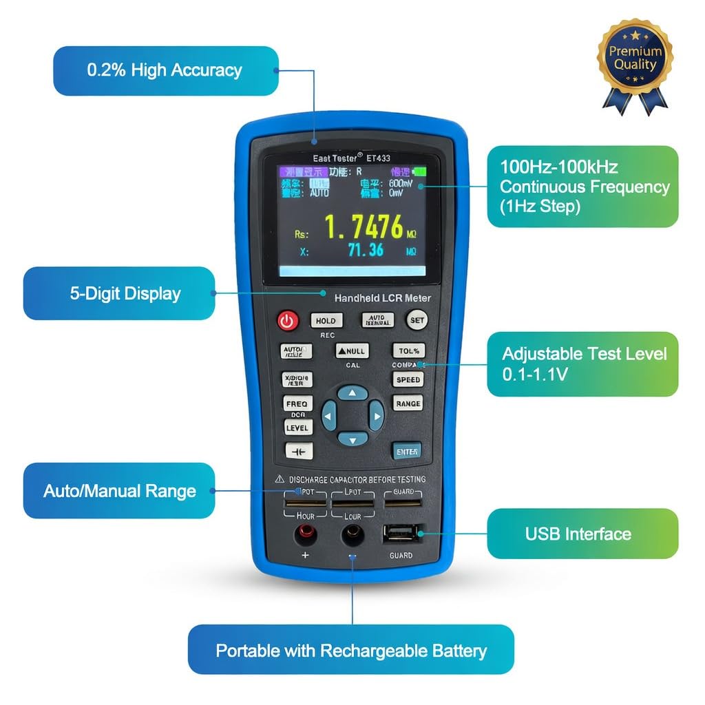 Handheld LCR Meter, Electrolytic Capacitor Tester with 10Hz~100KHz, 0.2% Accuracy, Adjust Frequencies, TFT Display, Type-C Interface, SCPI Compatible ET433