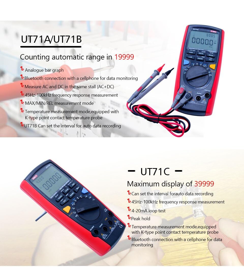UNI-T Uni-Trend Multimeter clamp Meter UT71A/UT71B/UT71C/UT71D/UT71E Middle Size Intelligent Digital Multimeter AC/DC Volt Ampere Ohm Capacitance Temperature Test Meter(UT71A)