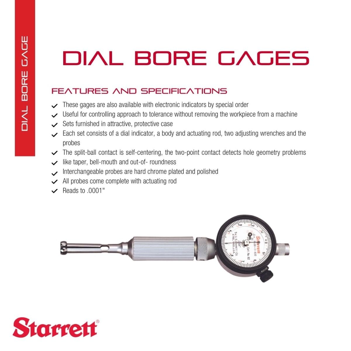 Starrett 82 Series Dial Bore Gage, .217-.594" Range, .0001" Graduation