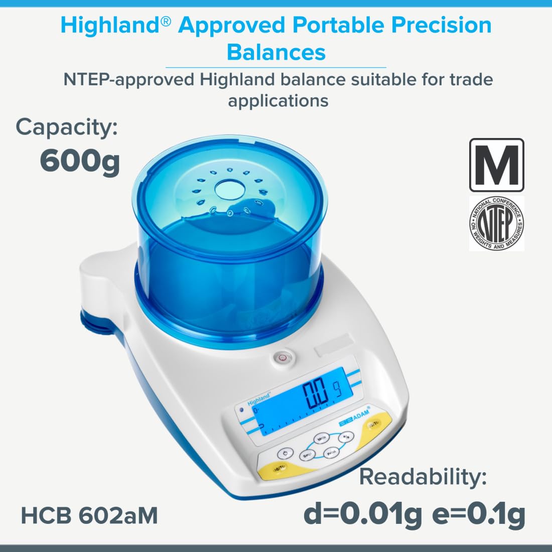 Adam Equipment Highland® HCB Approved Portable Compact Balance, Class II Scale for retailers, Jewelers, Chemists, Pharmacists, Pricing by Weight, NTEP Approved, HCB 602aM, 600g x d=0.01g e=0.1g