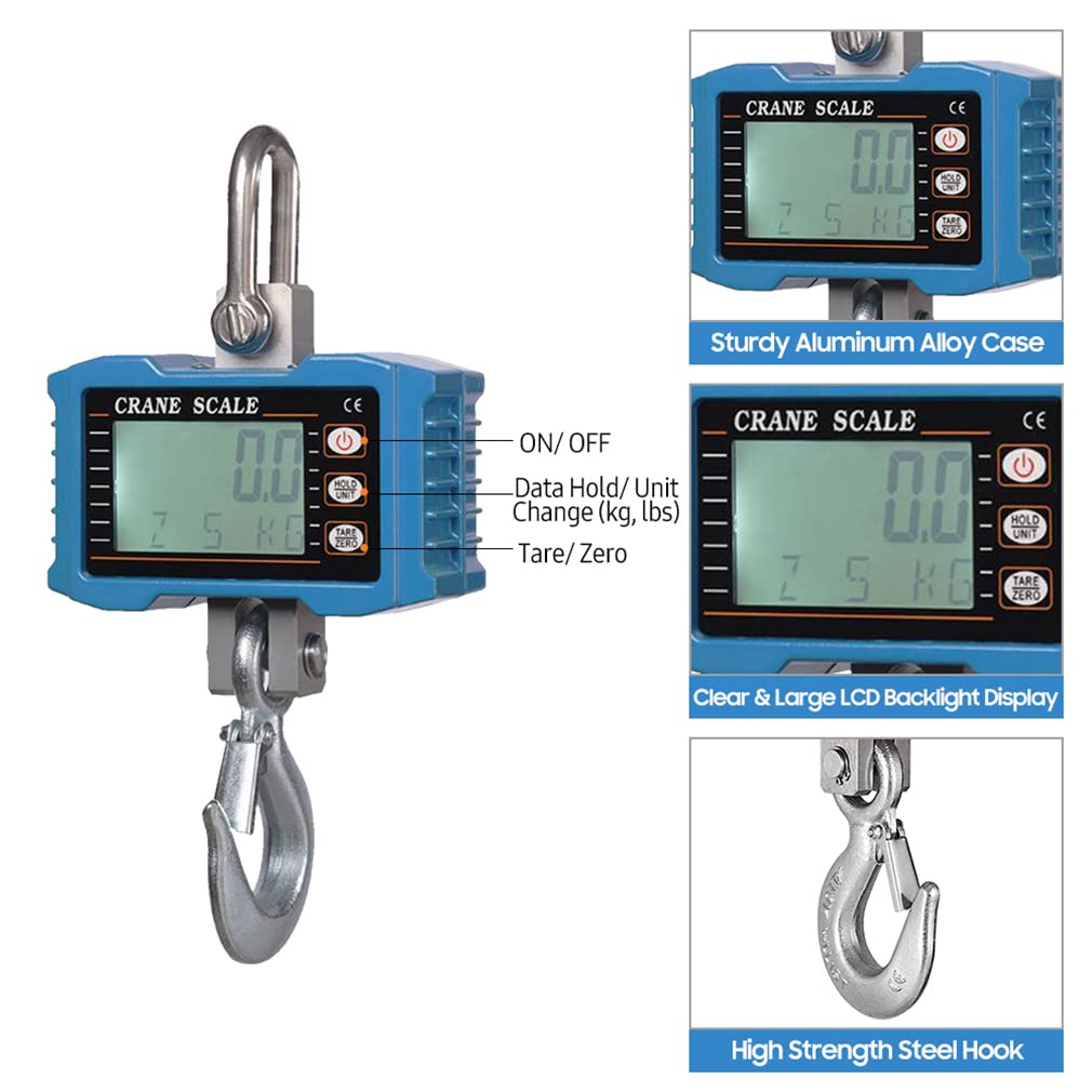 WANGLIN Digital Hanging Scale 1000kg/ 2204lbs Heavy Duty Crane Scale LCD Backlight Industrial Hook Scales Weight Balance Tool, Portable Electronic Weighing Crane Scale,